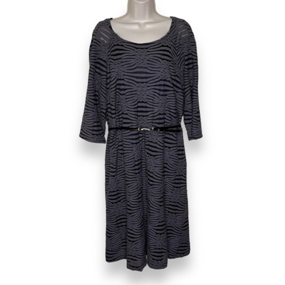 Dressbarn 3D Textured Gray Black Side Zip Belted Knee Length Dress Women 18W